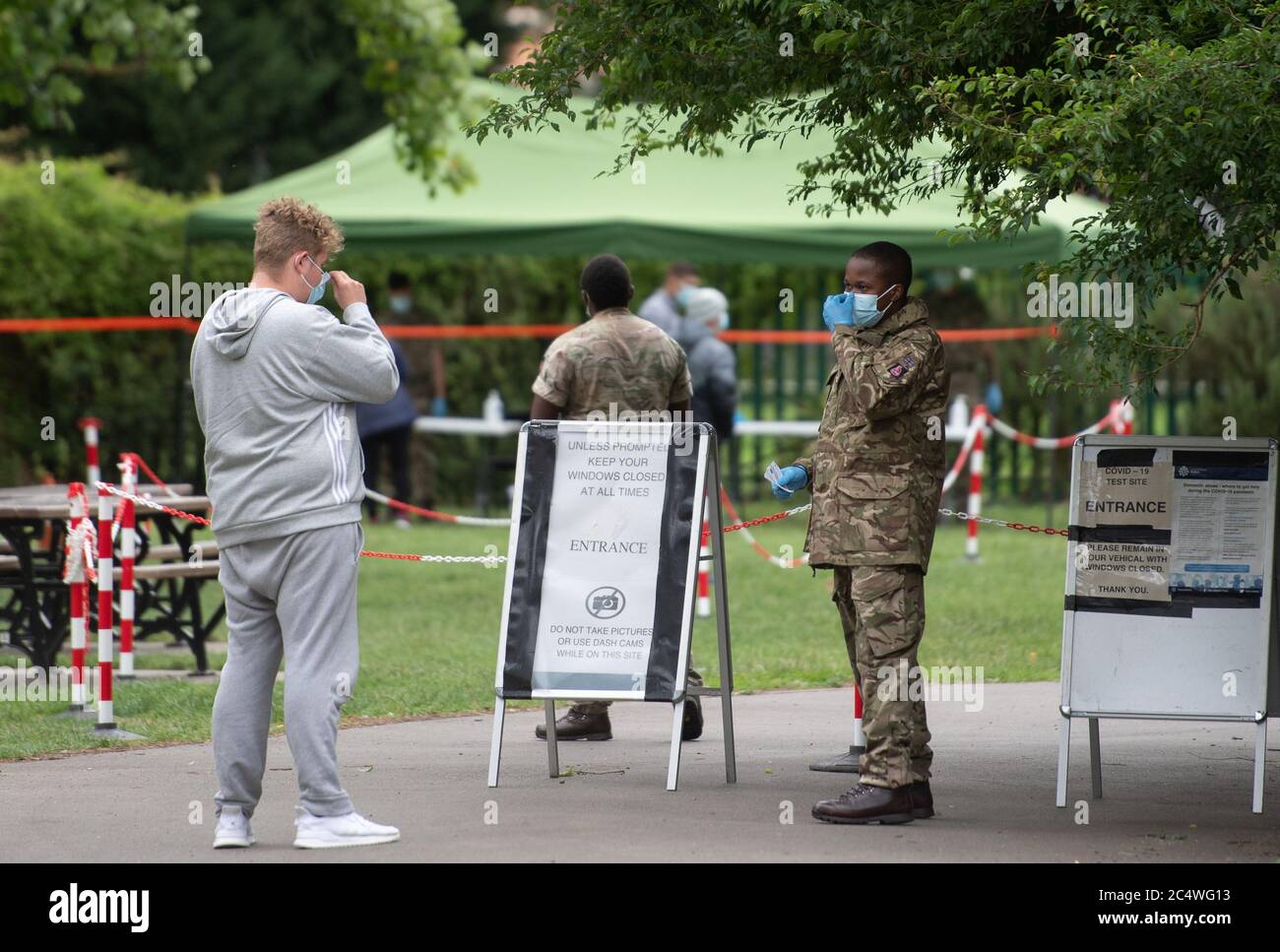 Members of the military operate a walk-in mobile Covid-19 testing centre at Spinney Hill Park in Leicester as the city may be the first UK location to be subjected to a local lockdown after a spike in coronavirus cases. Stock Photo