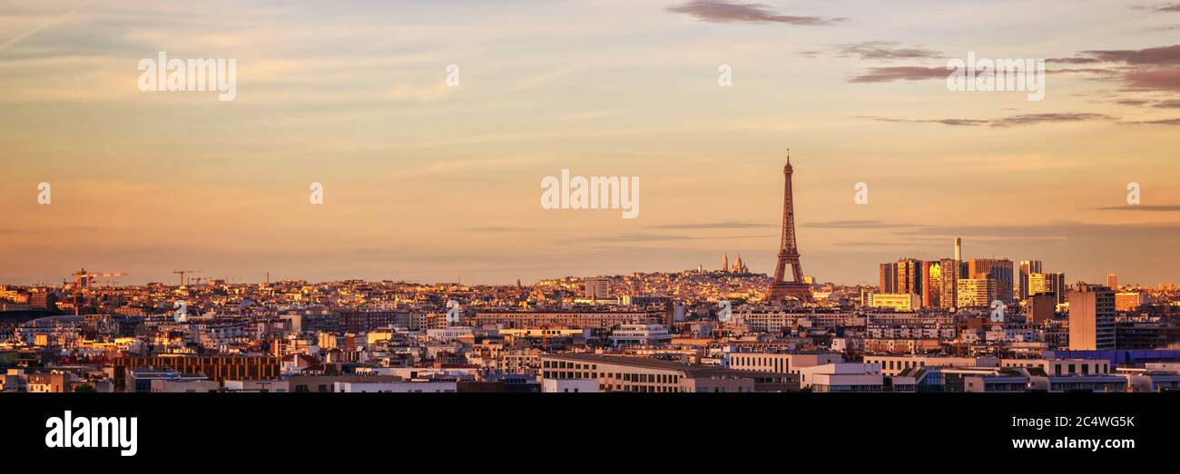 Aerial panoramic view of Paris with the Eiffel tower at sunset, France and Europe city travel concept Stock Photo
