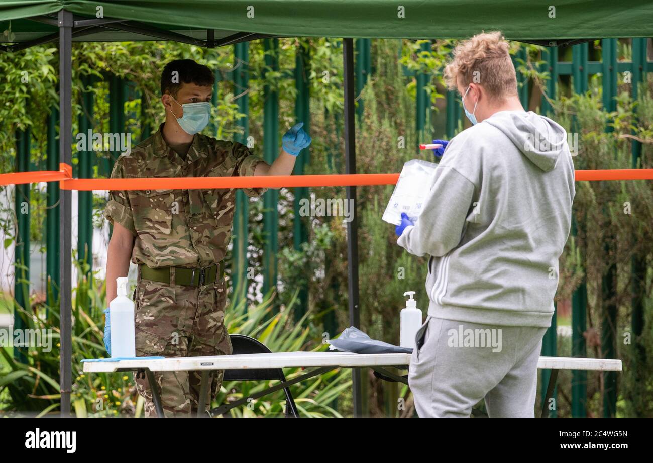 Members of the military operate a walk-in mobile Covid-19 testing centre at Spinney Hill Park in Leicester as the city may be the first UK location to be subjected to a local lockdown after a spike in coronavirus cases. Stock Photo