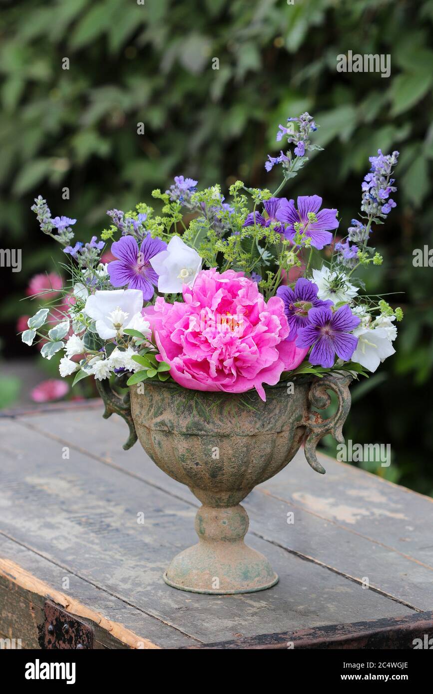 romantic bouquet of peony, bellflowers and cranesbill in vintage vase Stock Photo