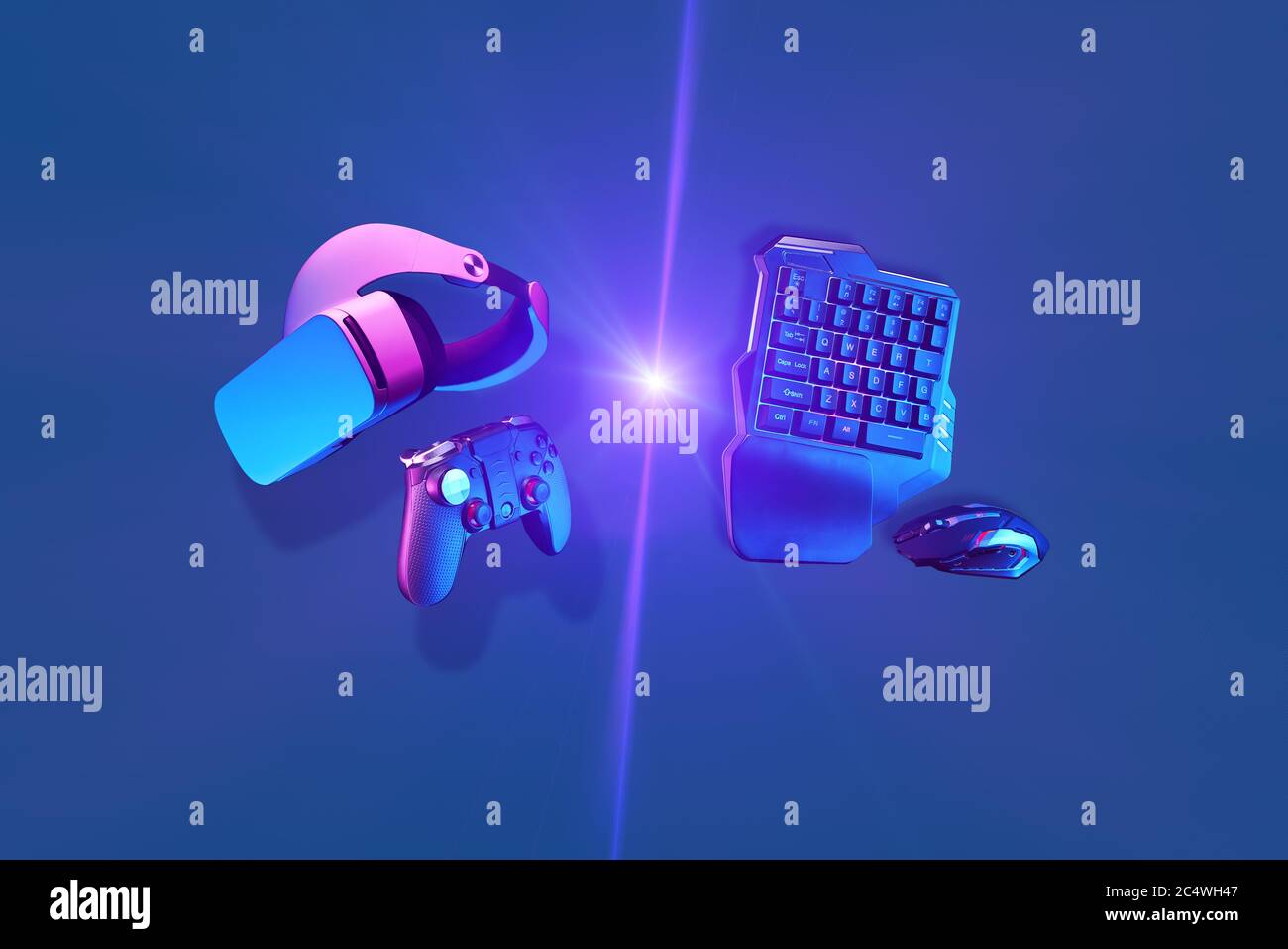 Virtual reality headset and gamepad vs games keyboard and mouse. Concept of  confrontation of gamers Stock Photo - Alamy