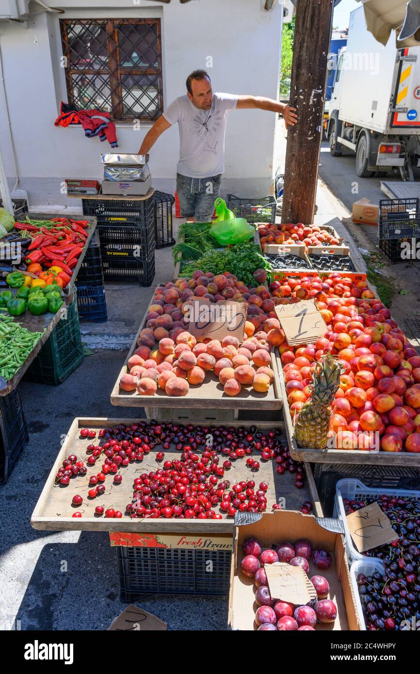 Fruit and vegetable stalls at the Sunday market in the small town of Kopanaki, northwestern Messinia, Peloponnese, Greece. Stock Photo