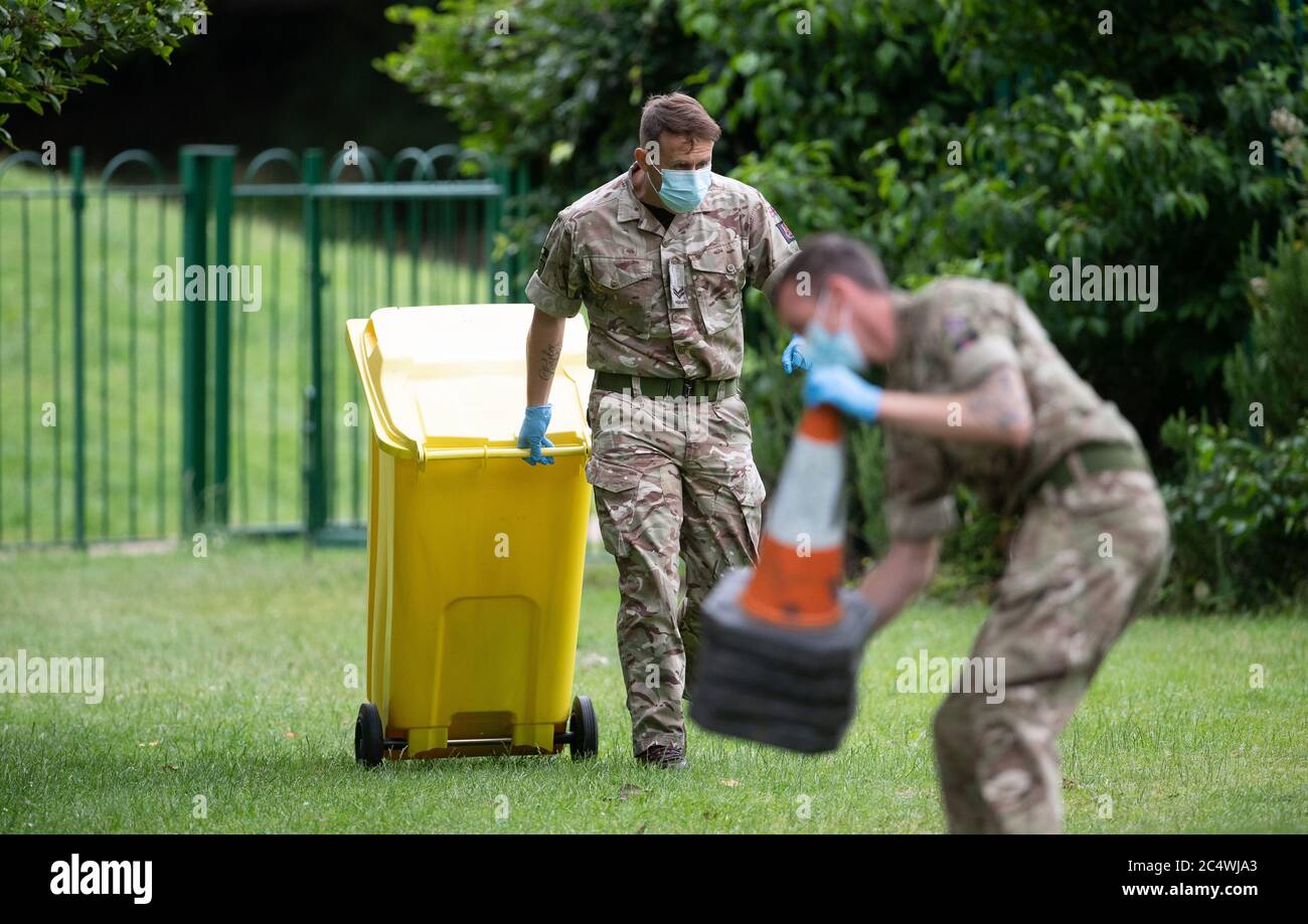 Members of the military set up a walk-in mobile Covid-19 testing centre at Spinney Hill Park in Leicester as the city may be the first UK location to be subjected to a local lockdown after a spike in coronavirus cases. Stock Photo