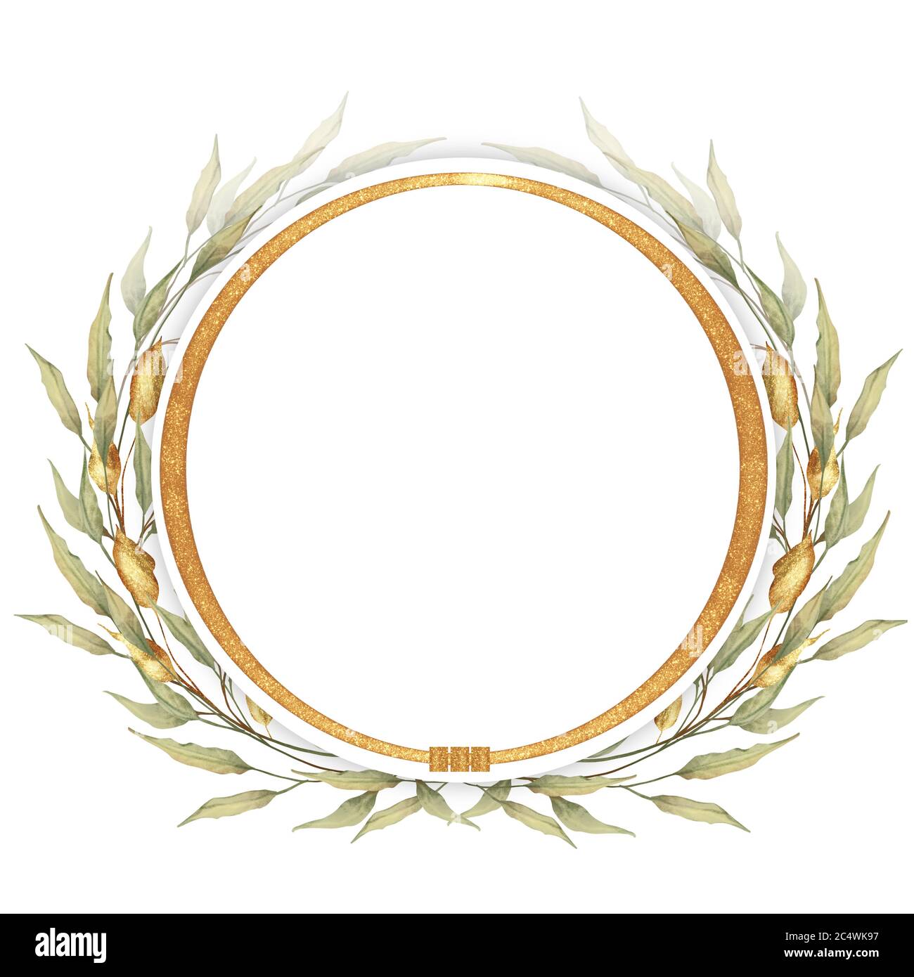 Watercolor green leaves and gold round frame Stock Photo - Alamy