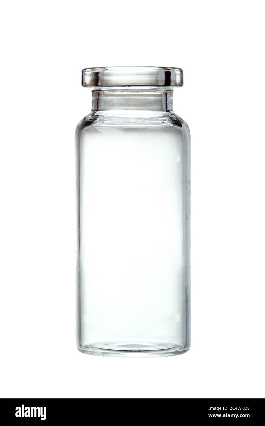 Medicine glass jar, capacity for liquid medicines with an open neck without stopper,  isolated subject on a white background. Stock Photo
