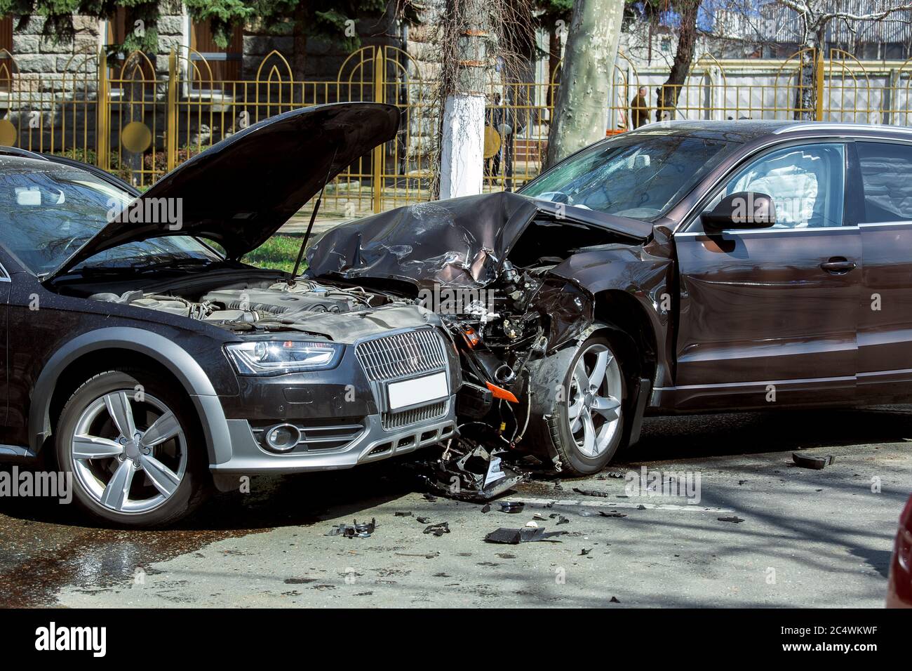frontal collision of two cars Stock Photo Alamy