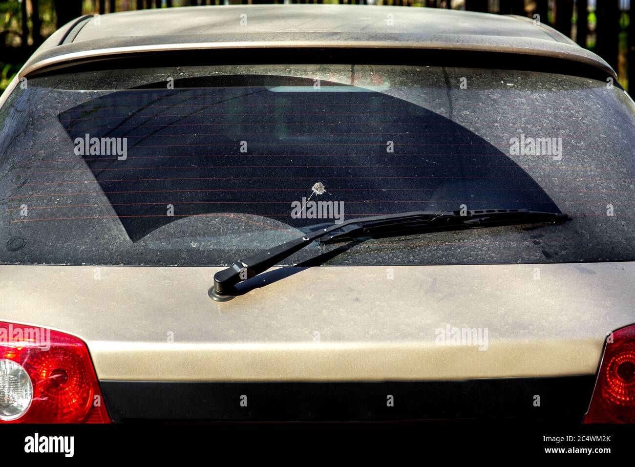 rear window hatchback dirty car rear view on a dusty glass in bird droppings. Stock Photo