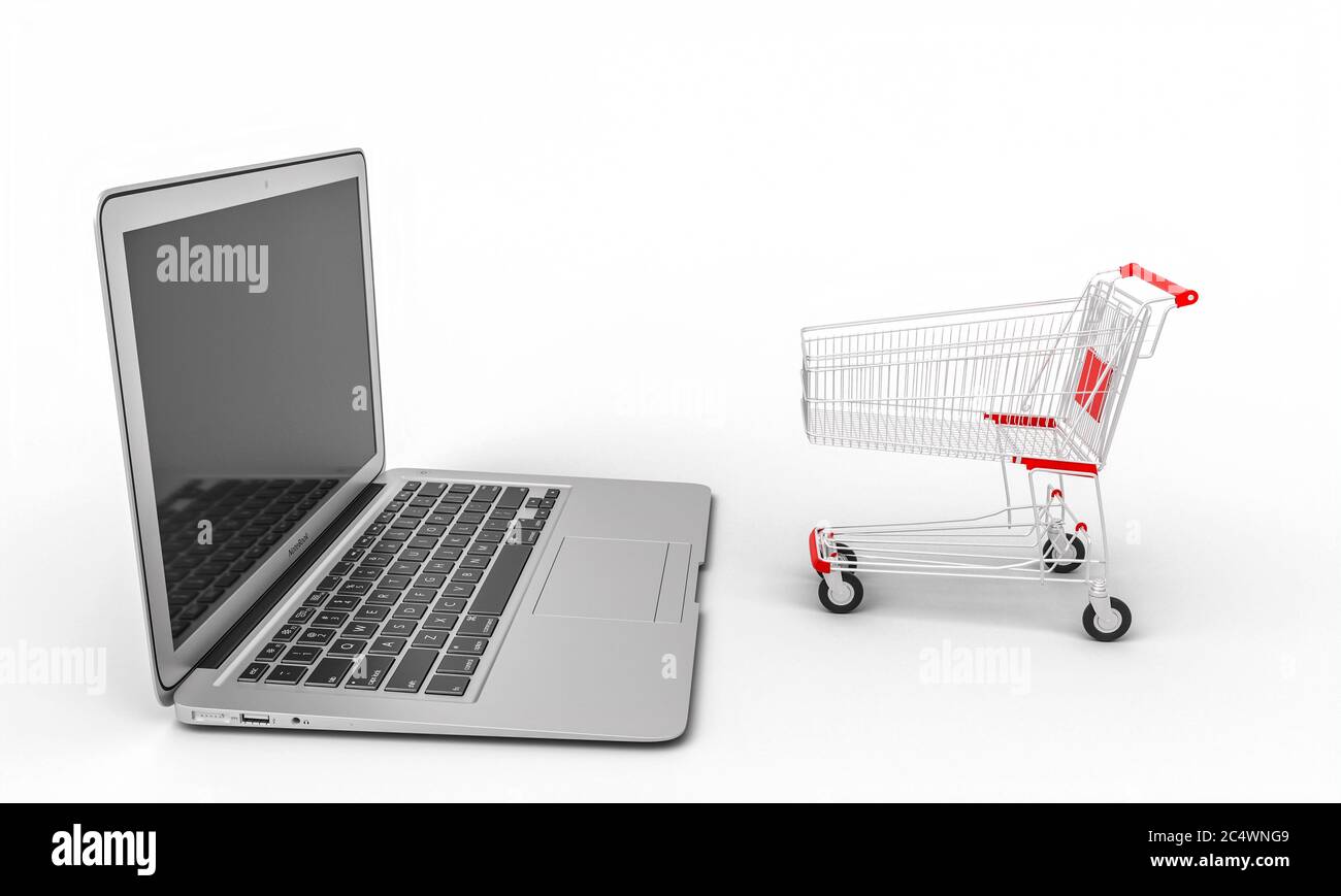 shopping cart and notebook on the white background. online shopping, e-commerce. 3d render. Stock Photo