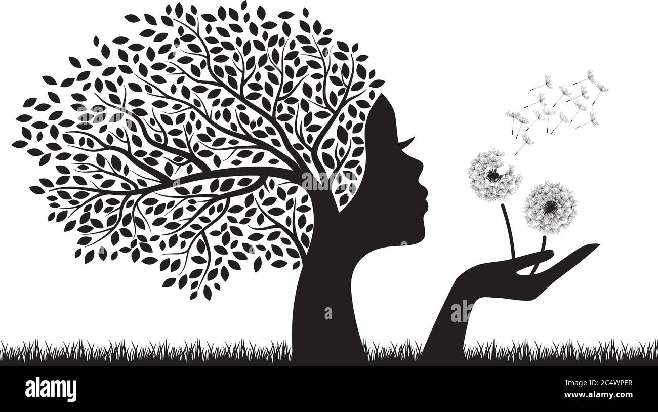 tree with female face holding dandelion flowers, vector Stock Vector