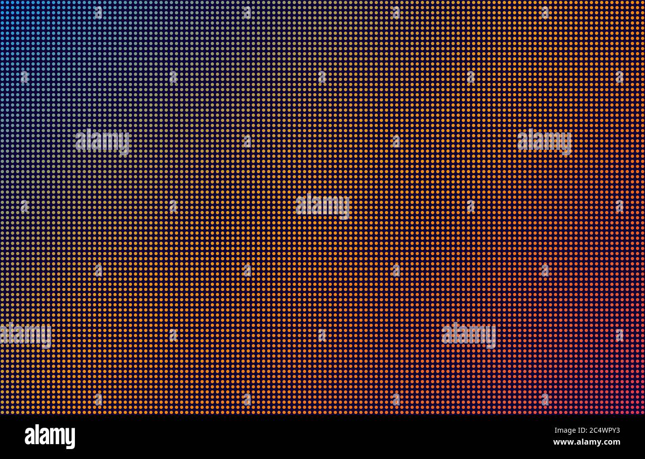 LED screen gradient background, blue, orange and pink monitor dots. Close-up of the macrotexture of the display. Stock Vector