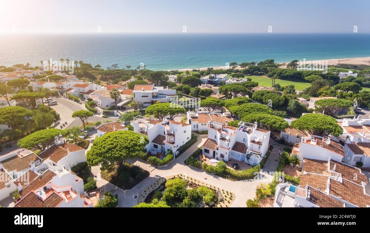Aerial, aldeia Vale de Lobo, Algarve, Portugal on a sunny day. An ideal