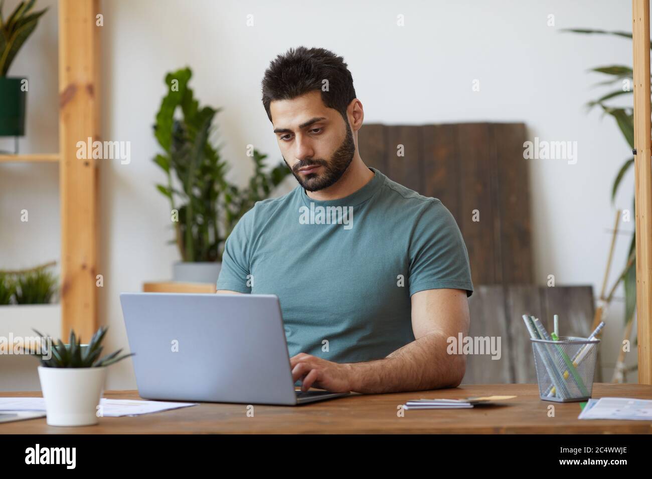 Portrait of handsome bearded man using laptop while sitting at desk in home interior decorated with houseplants, copy space Stock Photo