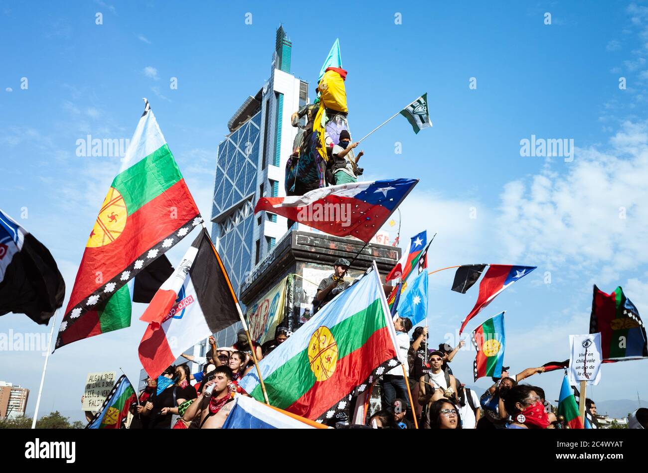 Santiago / Chile - 6 December 2019: Massive protest in Plaza Dignidad ...