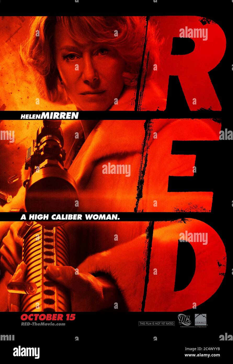 RED (2010) directed by Robert Schwentke and starring Helen Miren as Victoria who is 'R.E.D.' - Retired Extremely Dangerous, based on the DC Comic book. Stock Photo