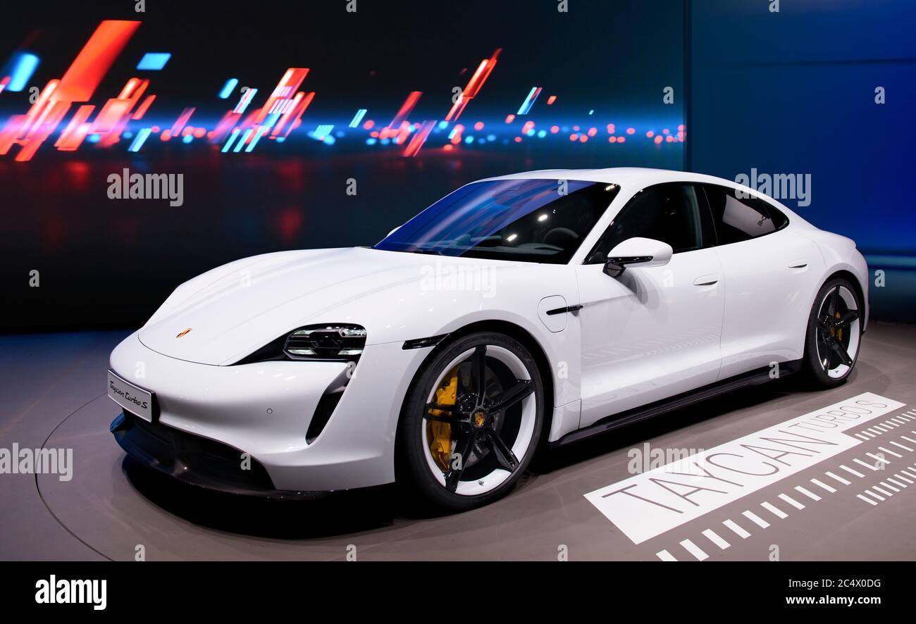 FRANKFURT, GERMANY - SEP 11, 2019: New Porsche Taycan Turbo S sports car reveiled at the Frankfurt IAA Motor Show 2019. - Image Stock Photo