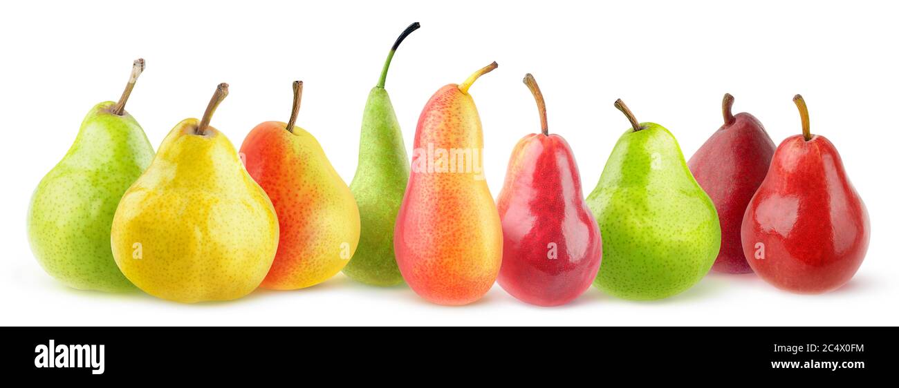 Isolated pears of diverse varieties. Panorama of multicolored different pears isolated on white background Stock Photo