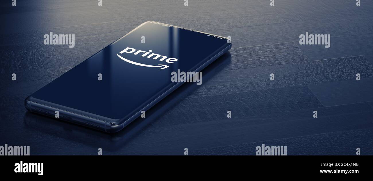 KYIV, UKRAINE-JANUARY, 2020: Amazon Prime on Mobile Phone Screen. A Smart Phone Lying on a Dark Surface with a Amazon Prime Application. Social Media Concept Stock Photo