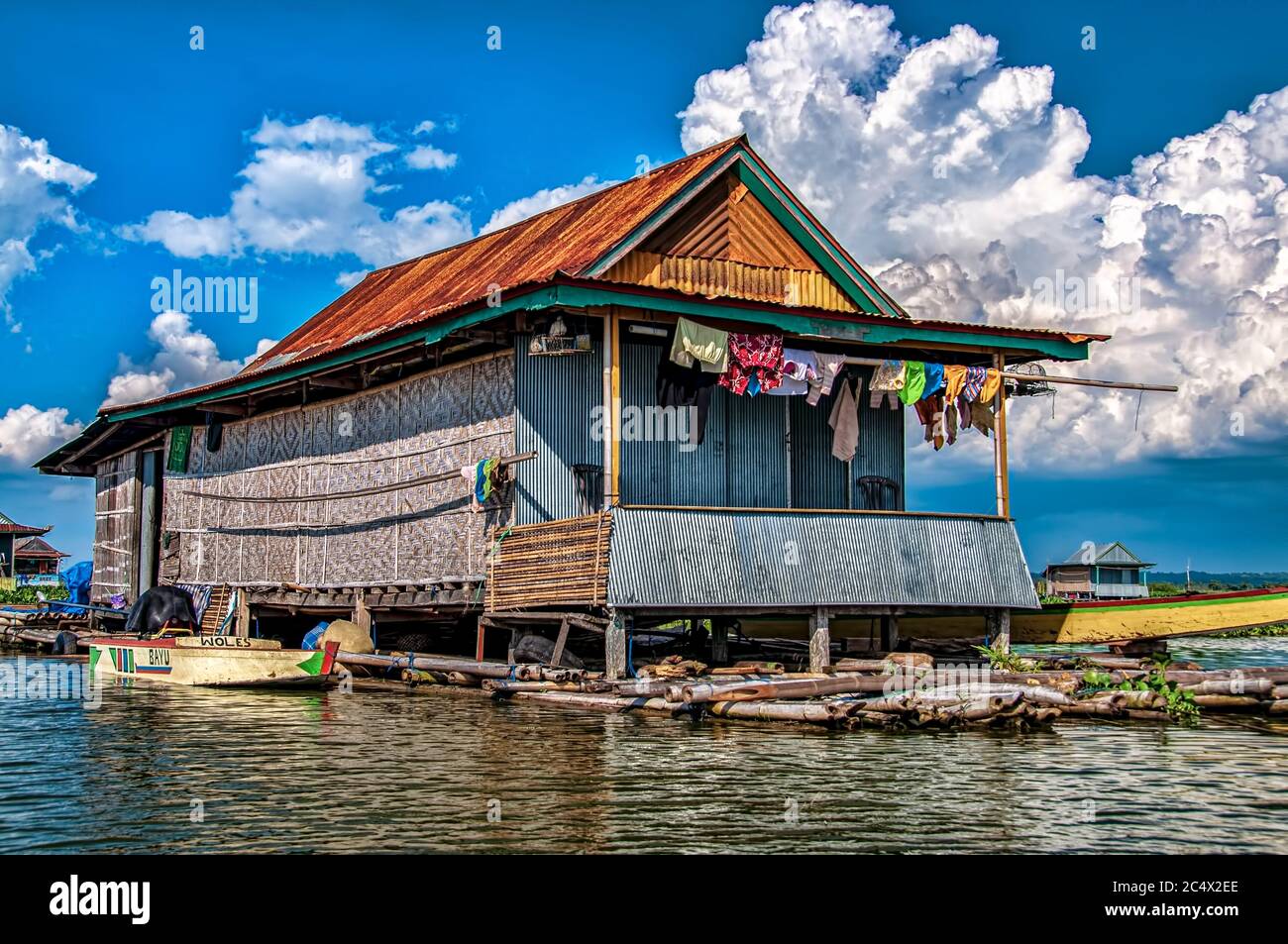 Fishermen floating houses in Tempe Lake, Sulawesi, Great Sunda Islands, Indonesia Stock Photo