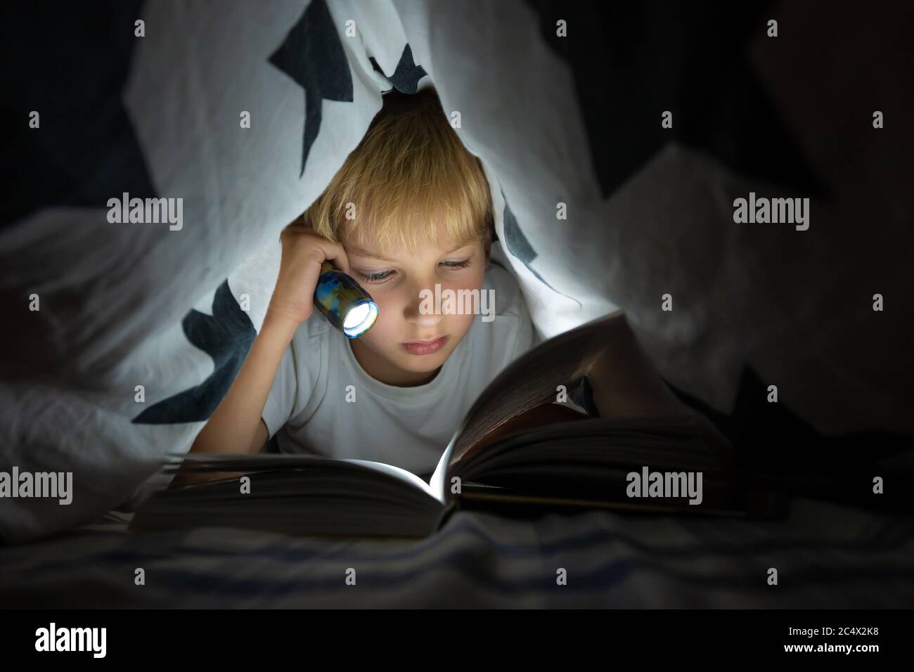A little boy reads a book with a flashlight under the covers at night Stock Photo Alamy