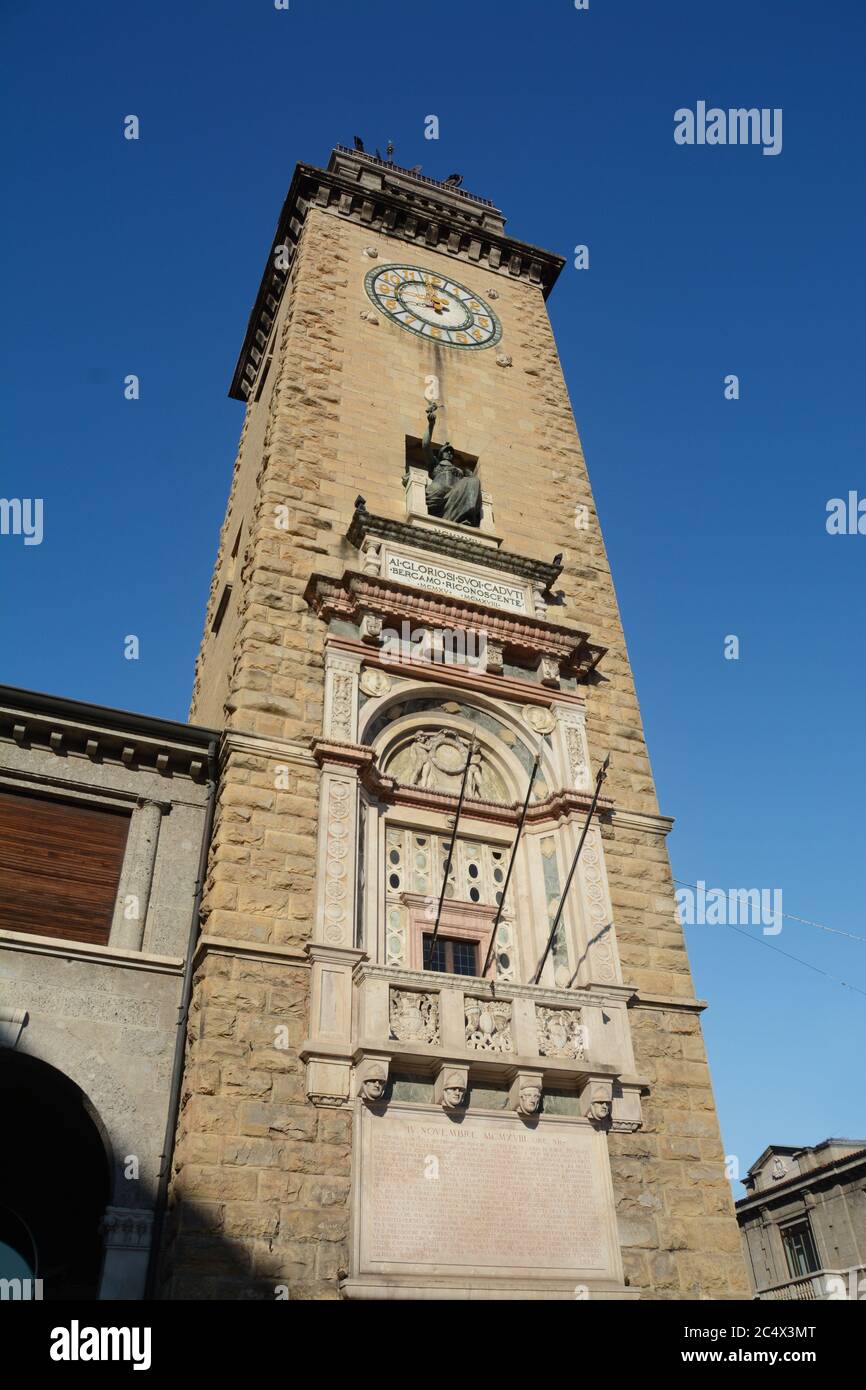 the tower of the fallen of Bergamo is located in the lower part of the city in Piazza Vittorio Veneto, at the beginning of the Sentierone. Stock Photo