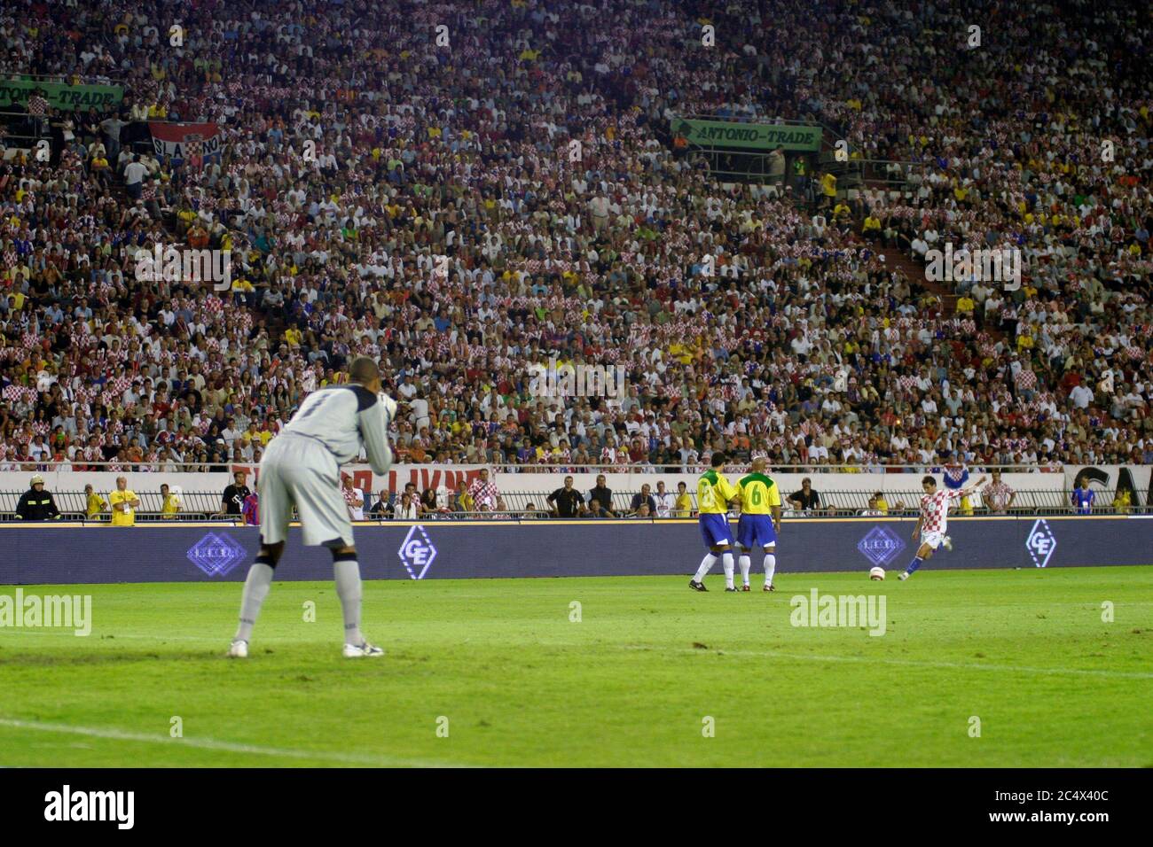 Darijo Srna taking free kick shot during friendly game Croatia - Brazil 2005, Split, Croatia Stock Photo