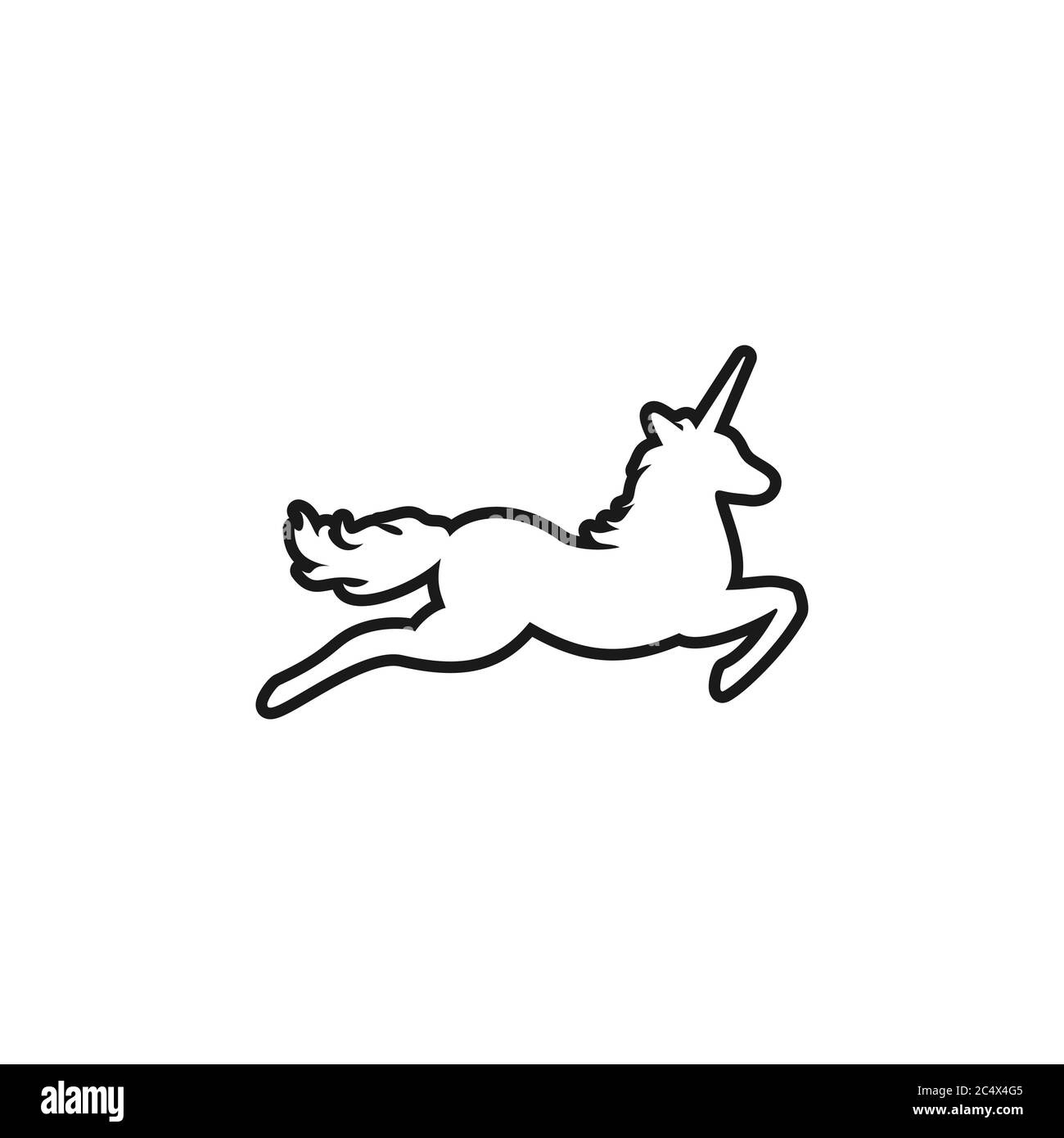 Black outline silhouette of graceful unicorn in jump. vector line icon