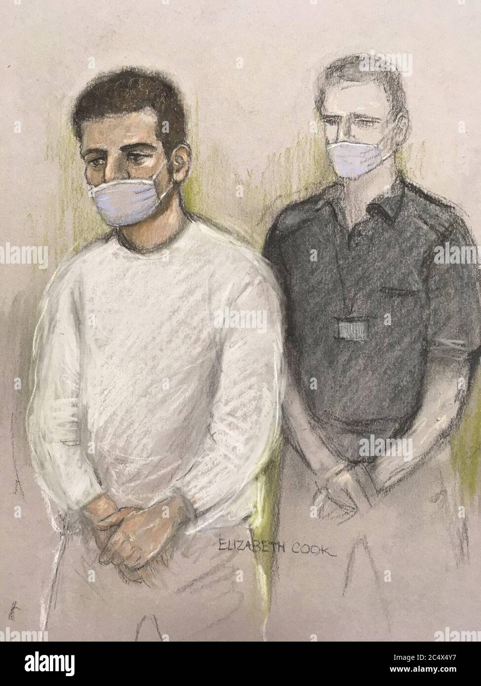 Court artist sketch by Elizabeth Cook of Khairi Saadallah appearing via video-link at Westminster Magistrates' Court, London, where he is charged with three counts of murder and three counts of attempted murder over a knife attack in Forbury Gardens, Reading on June 20. Stock Photo