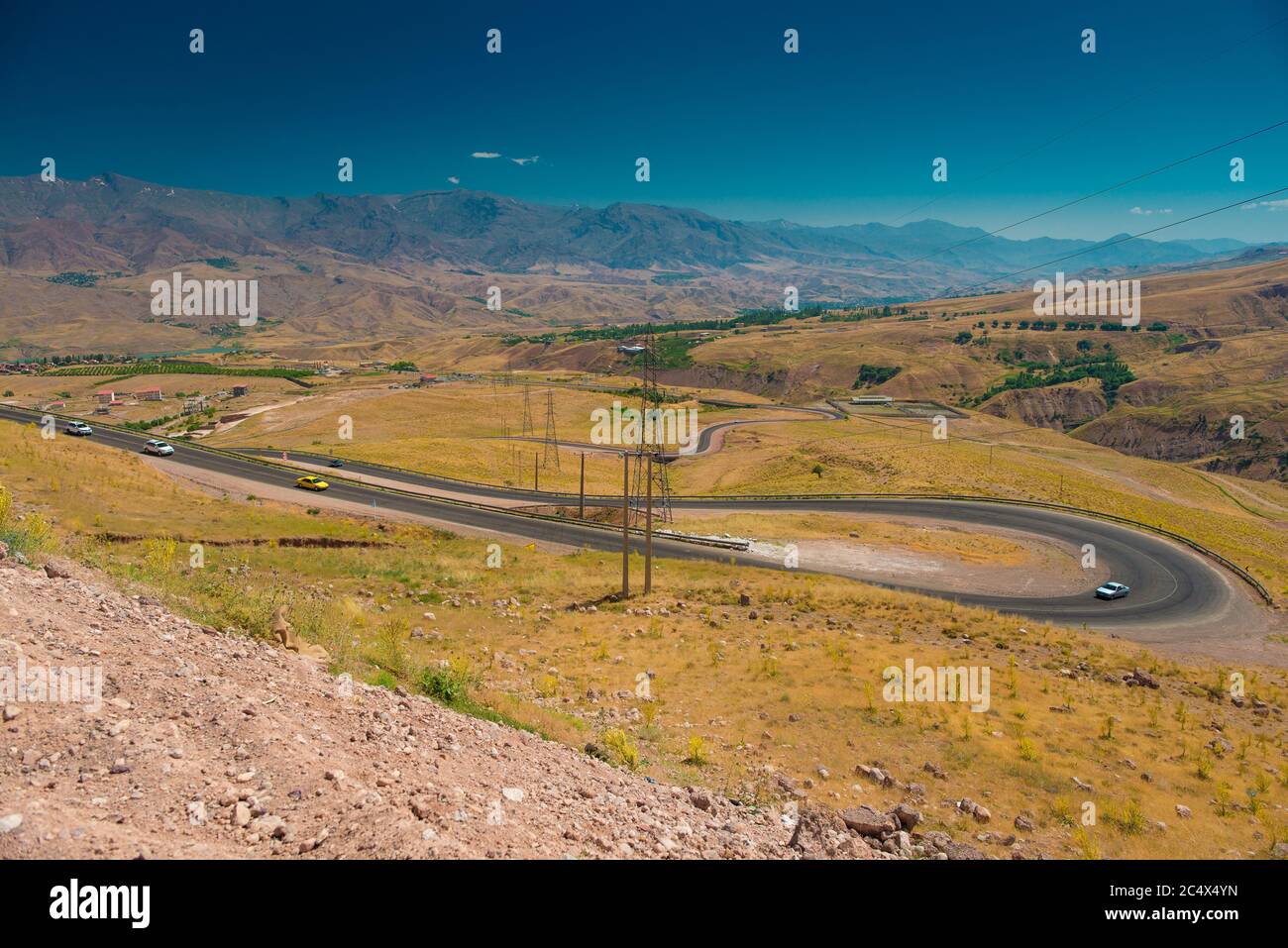 Shot of a road, clicked from a high ground, somewhere in Iran near Karaj Stock Photo