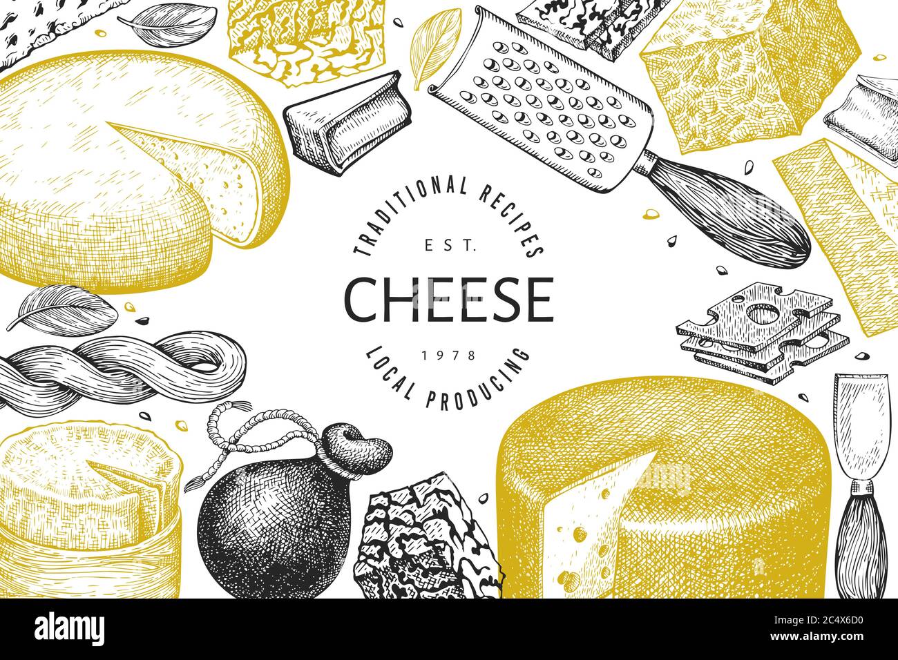 Cheese design template. Hand drawn vector dairy illustration. Engraved ...