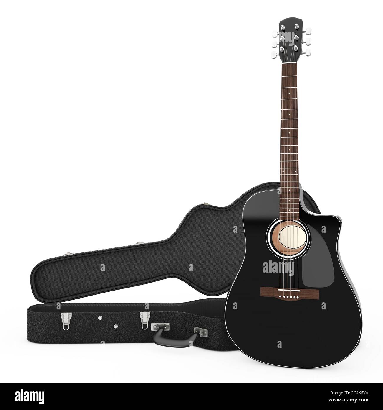 Black Wooden Acoustic Guitar near Black Leather Hard Case on a white