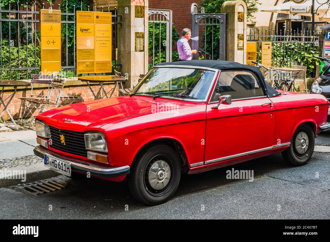 PEUGEOT 304 CABRIO '1970–76 parked on the street. Classic French car. Rare and very attractive 70’s design. Stock Photo