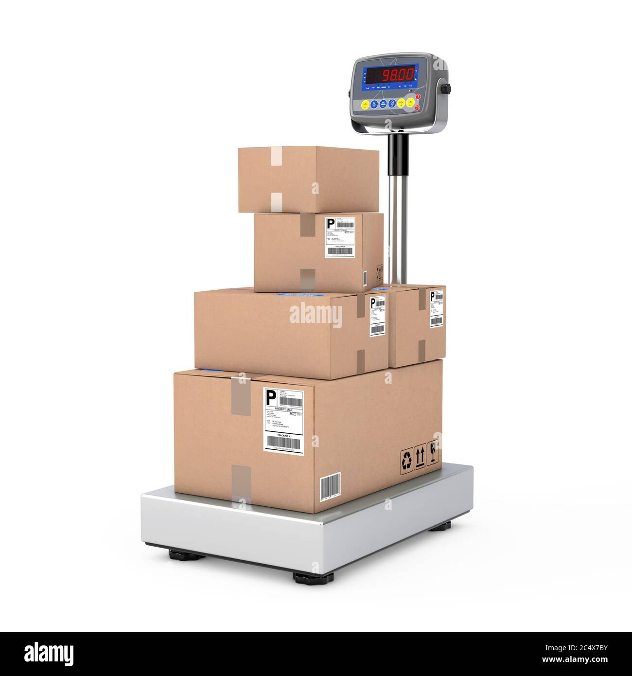 https://c8.alamy.com/comp/2C4X7BY/stacked-cardboard-boxes-parcels-over-warehouse-digital-cargo-scales-on-a-white-background-3d-rendering-2C4X7BY.jpg