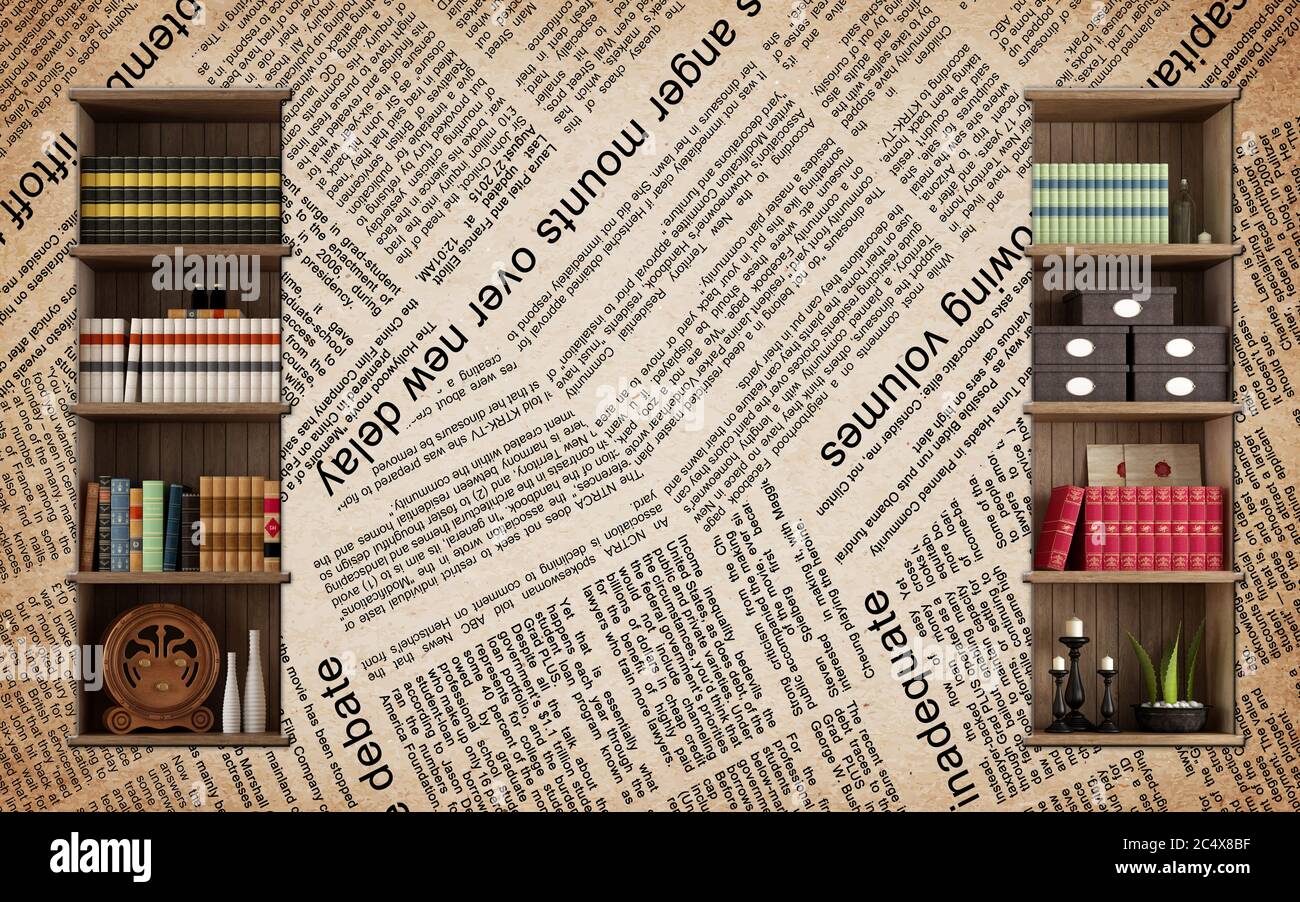3d mural wallpaper for the library wall and Newspaper with books and vases antique . wood background Stock Photo - Alamy 3d mural wallpaper for the library wall and Newspaper with books and vases antique . wood background Stock Photo - Alamy