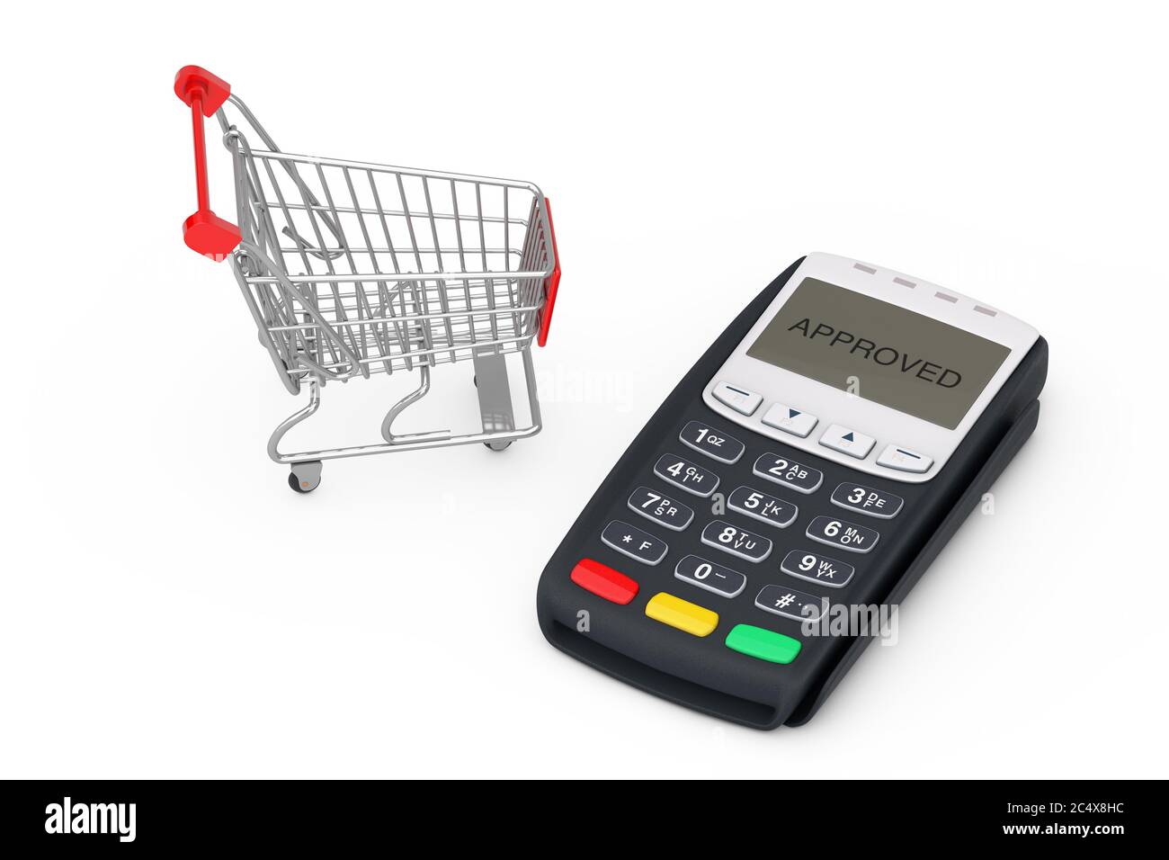 Shopping Cart near POS Terminal Machine on a white background. 3d Rendering Stock Photo