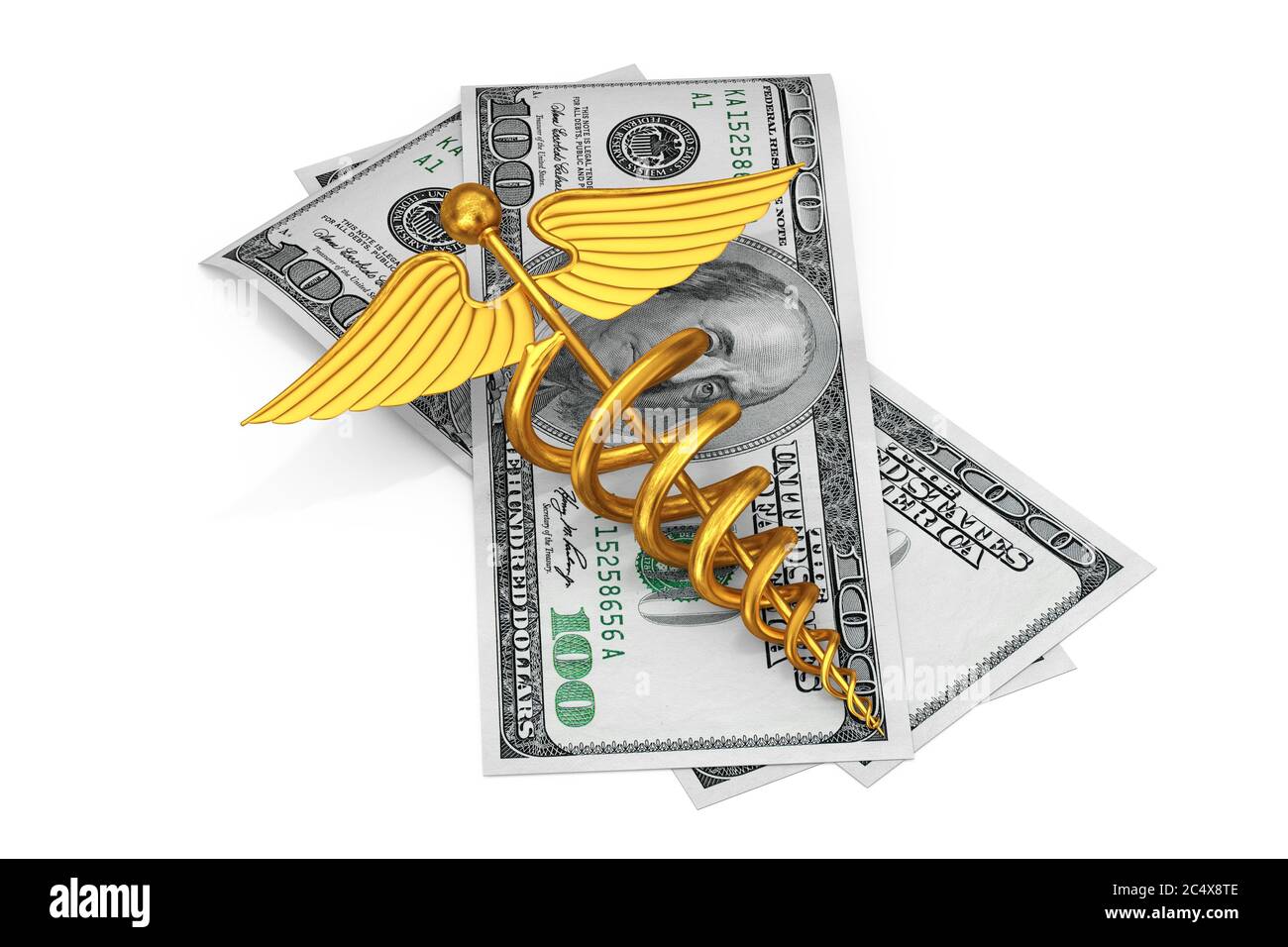 Gold Medical Caduceus Symbol over USA Dollars Bills on a white