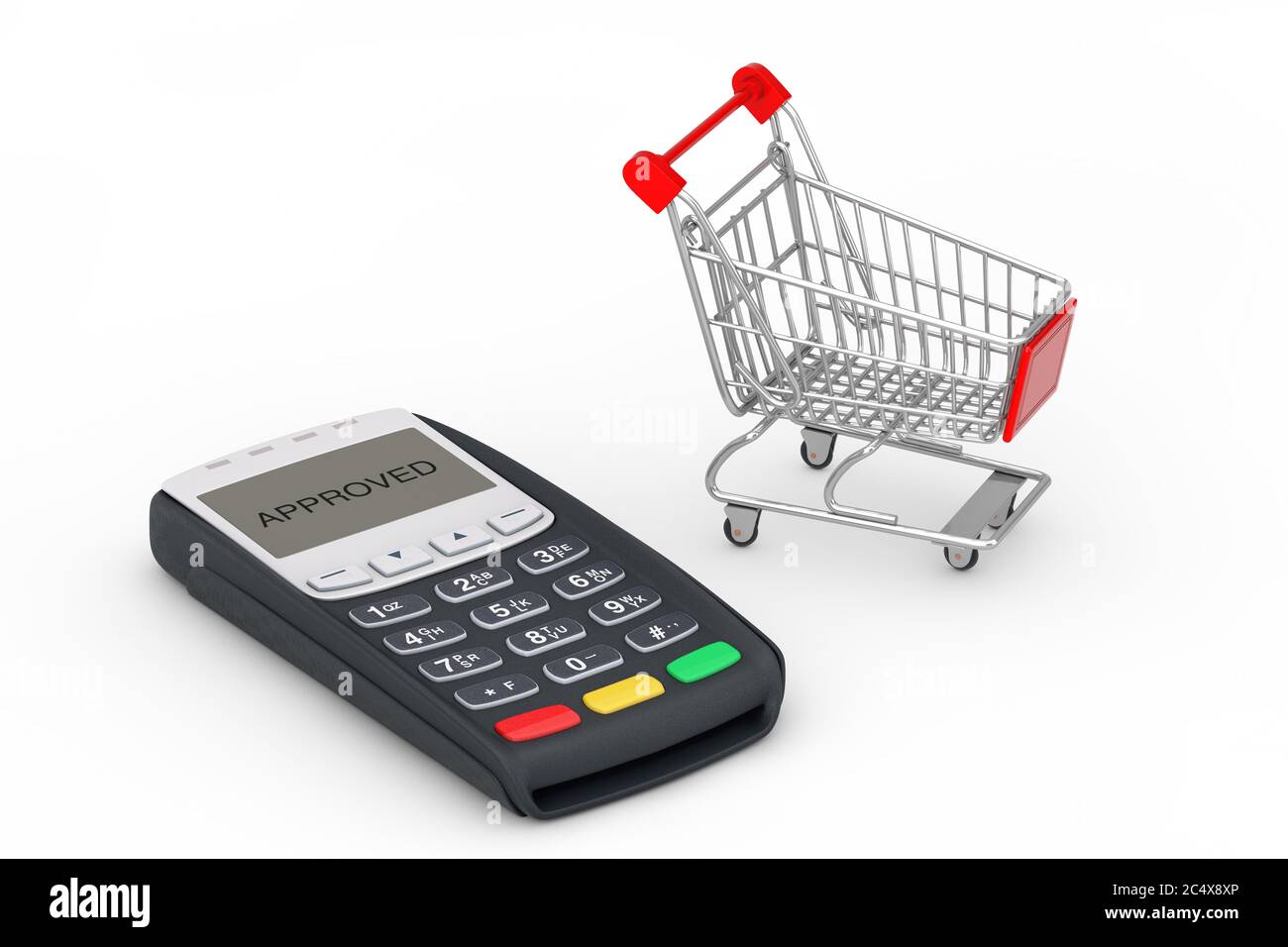 Shopping Cart near POS Terminal Machine on a white background. 3d Rendering Stock Photo