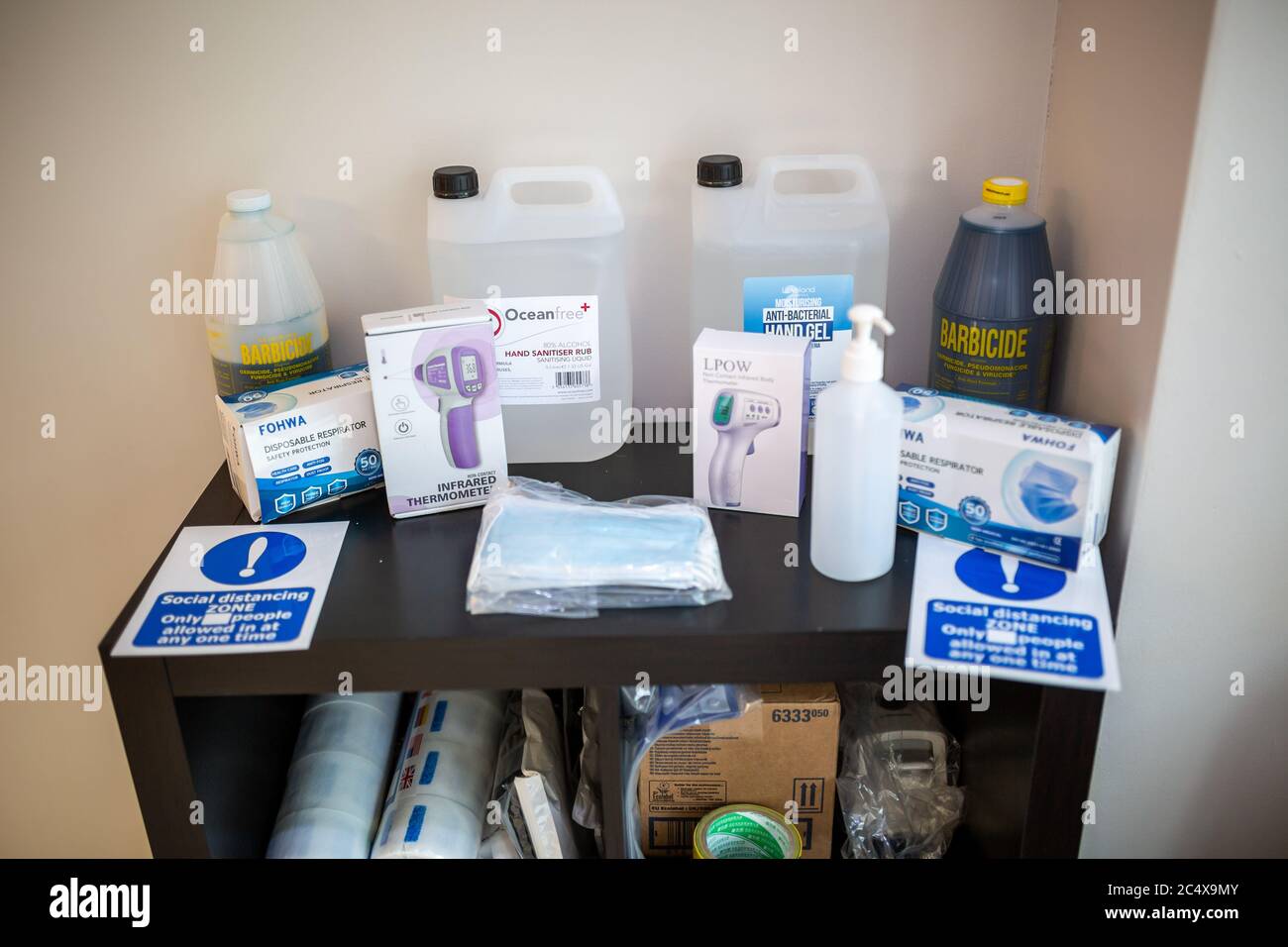 Hygiene products ready for use in a hairdressing salon opening after