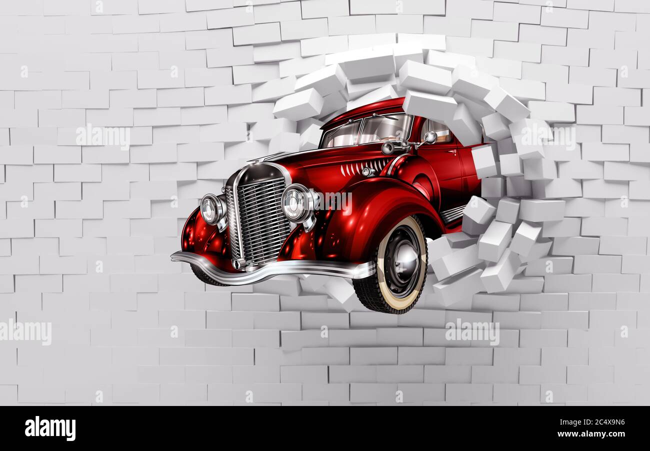 3d mural wallpaper broken wall bricks and red classic car . world map