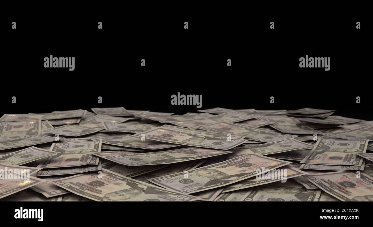 A close-up view of a scattered pile of US dollar banknotes - 3D render Stock Photo