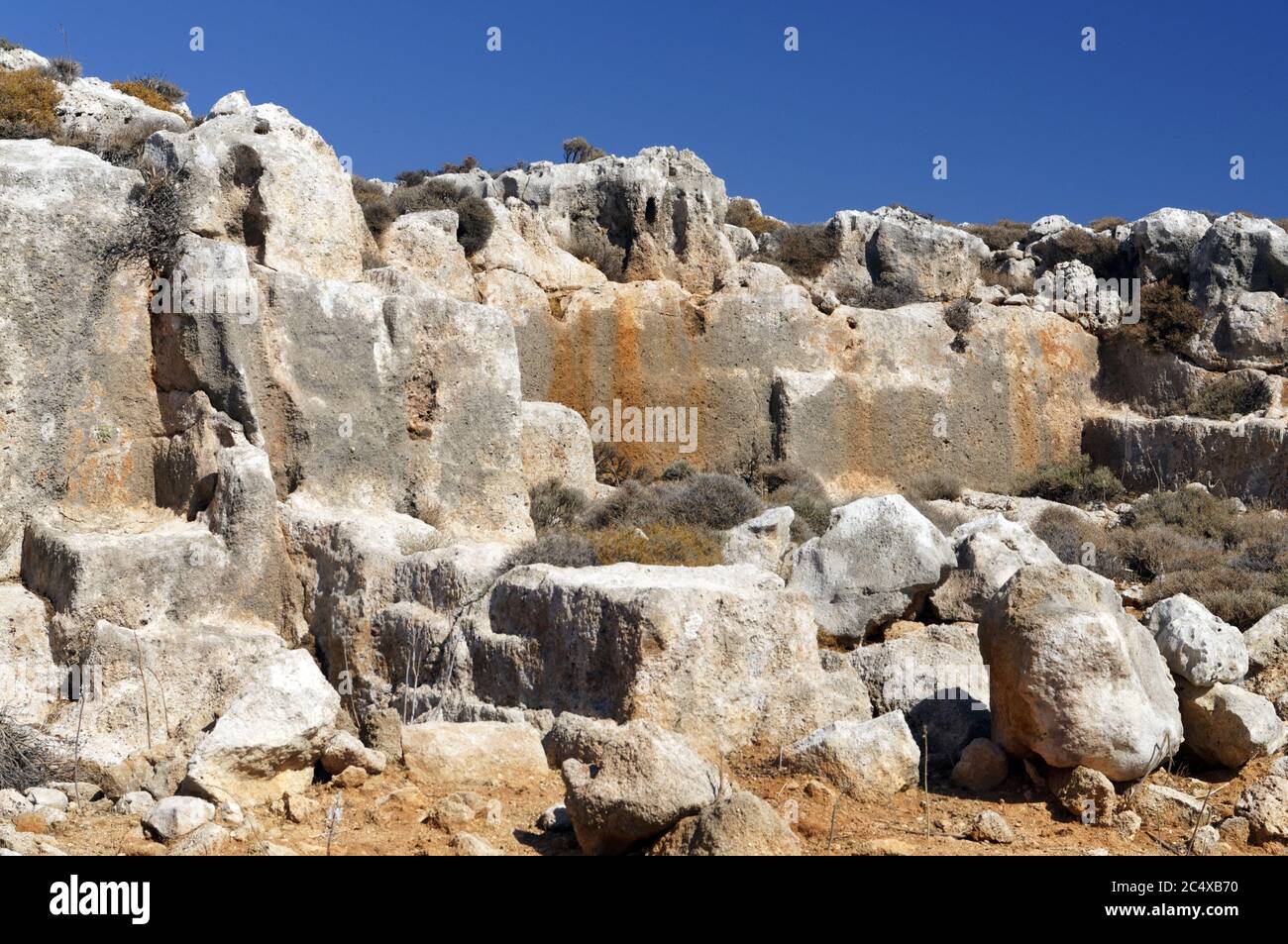 Ancient Stone Quarry near Stegna, Archangelos, Rhodes, Dodecanese Islands, Greece. Stock Photo