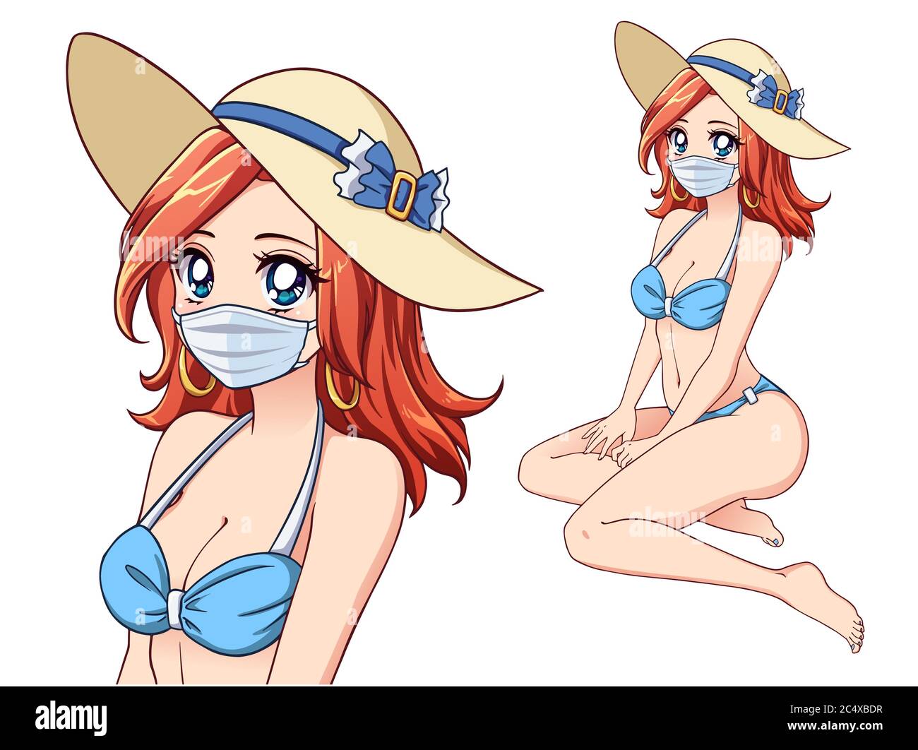 Anime Cute Woman Wearing Summer Hat Bikini And Medical Mask Coronavirus Tourism Hand Drawn Vector Illustration Stock Vector Image Art Alamy