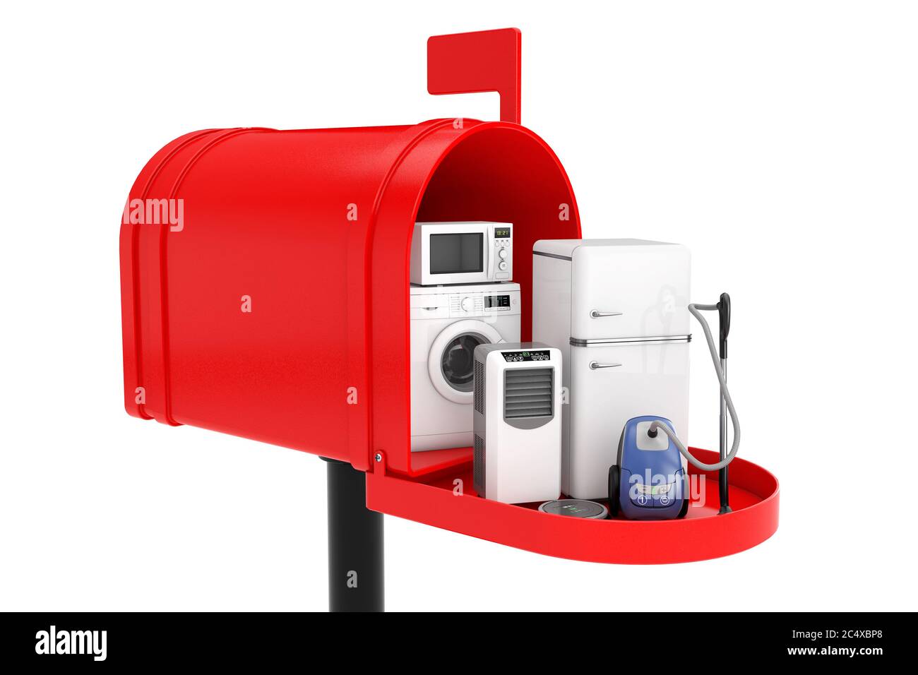 Household Appliances Set in Red Mailbox on a white background. 3d Rendering Stock Photo