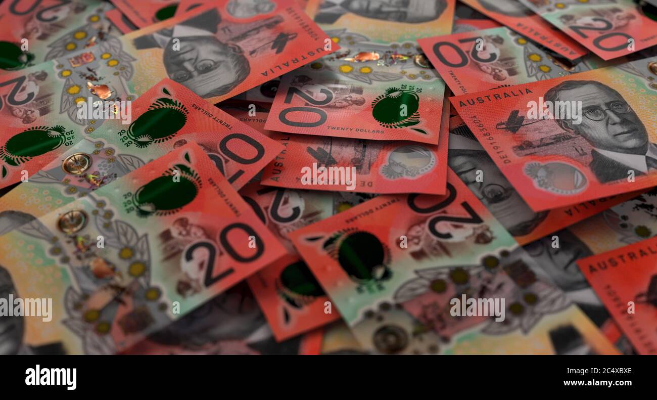 A close-up view of a scattered pile of australian dollar banknotes - 3D render Stock Photo