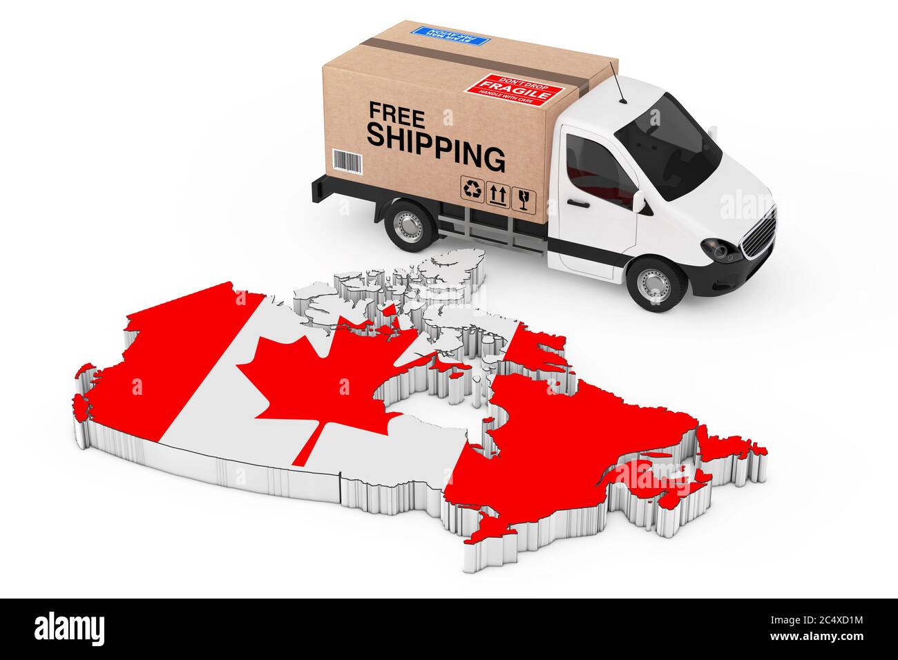 Canada Logistics Concept. White Commercial Industrial Cargo Delivery Van  Truck Loaded with Cardboard Box with Free Shipping Sign near Canada Map  with Stock Photo - Alamy