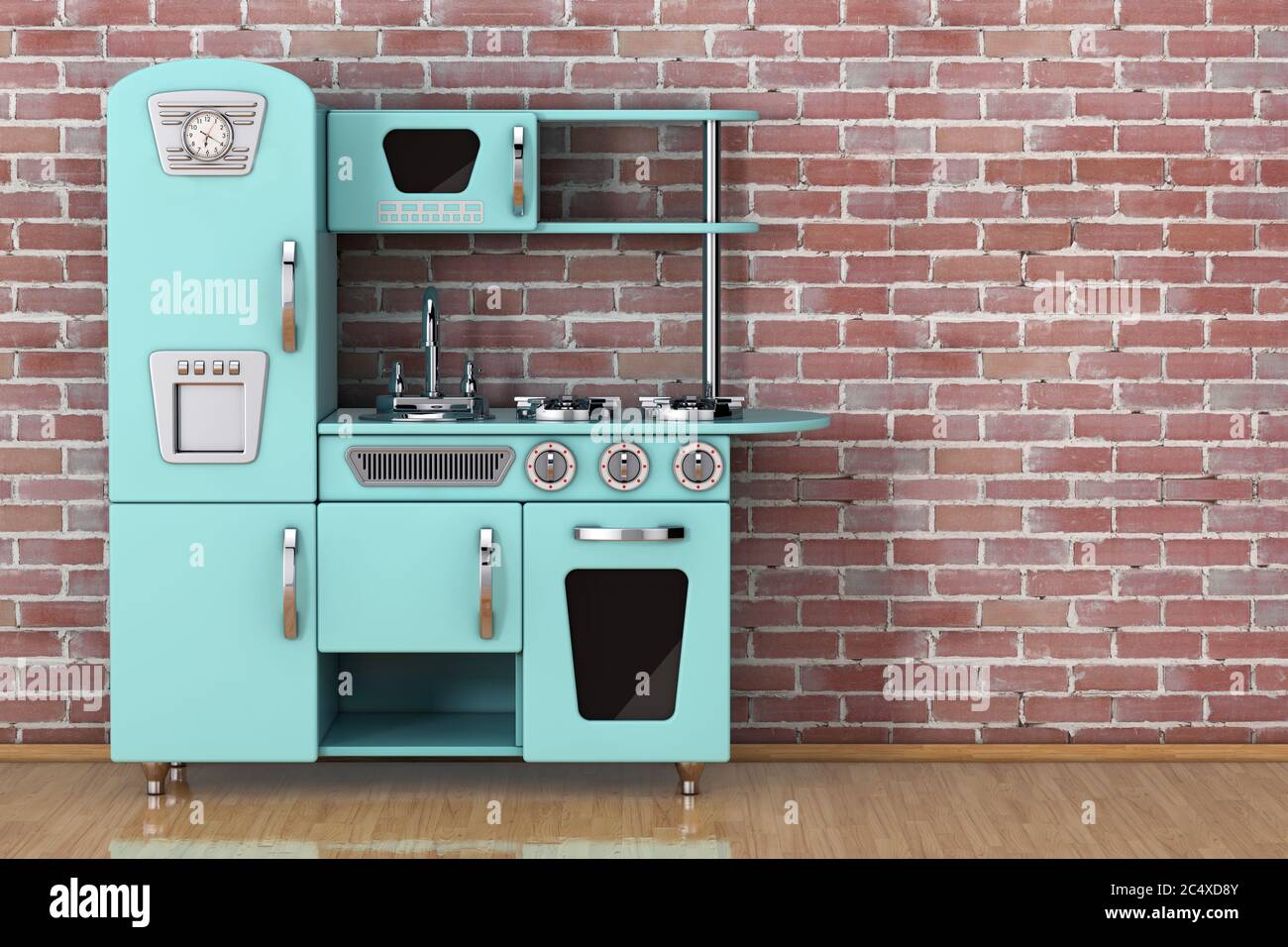 Blue Vintage Toy Kitchen in front of brick wall. 3d Rendering Stock