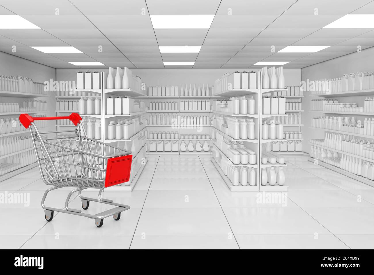 Shopping Cart near Market Shelving Rack with Blank Products or Goods in