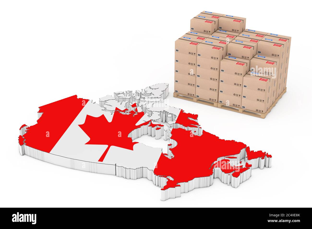 Canada Logistics Concept. Cardboard Boxes on a Wooden Palette near Canada Map with Flag on a