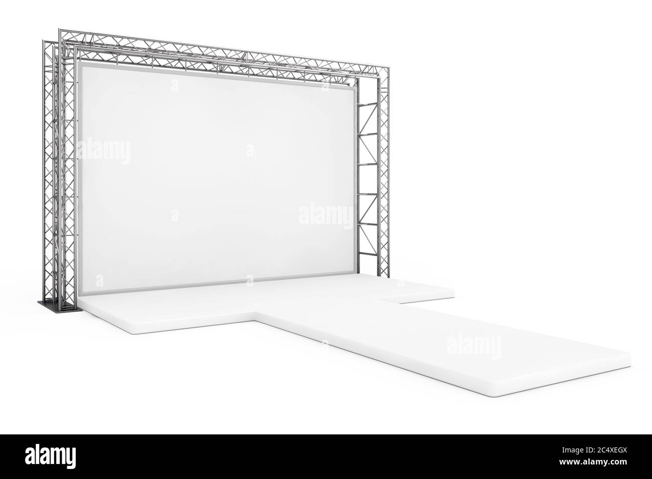 Blank Advertising Outdoor Banner on Metal Truss Construction System with Empty Podium on a white background. 3d Rendering Stock Photo