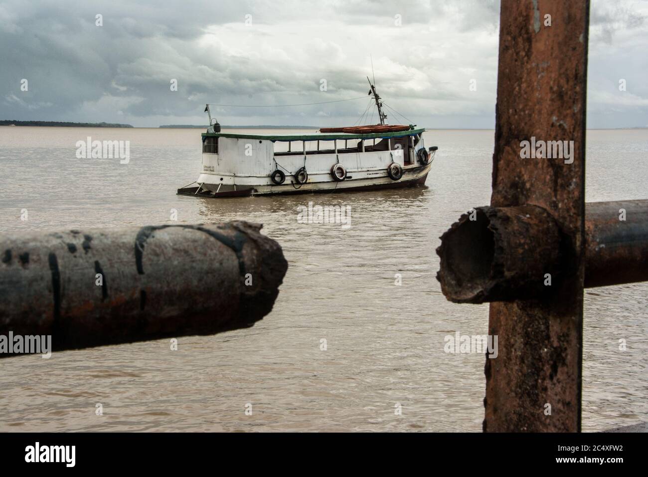Boat at the background in the amazon river, State of Para, Brazil. Stock Photo