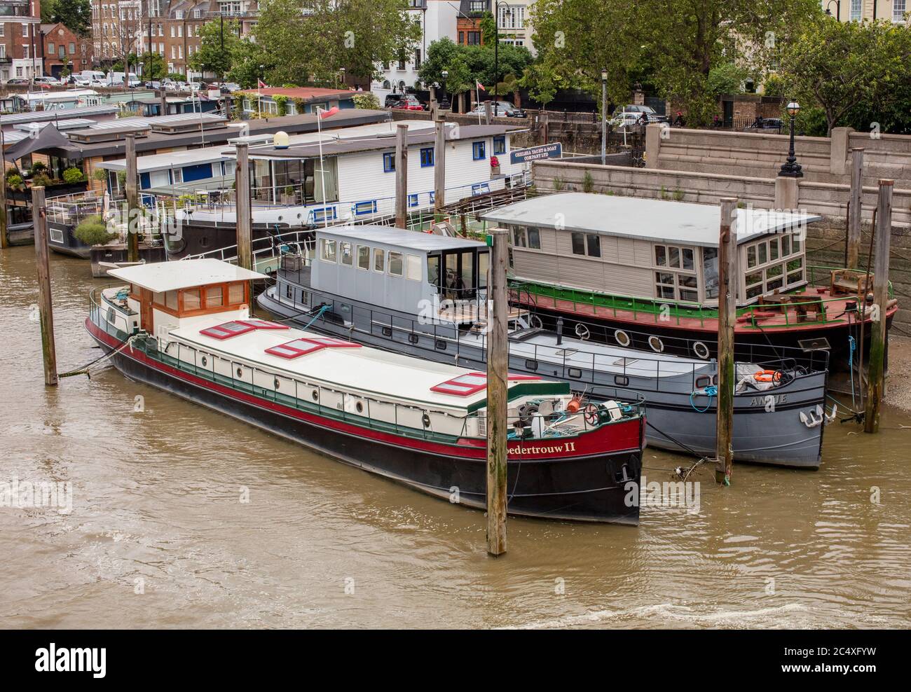 Houseboats moored by Cheyne Row, Chelsea on bank of river Thames in